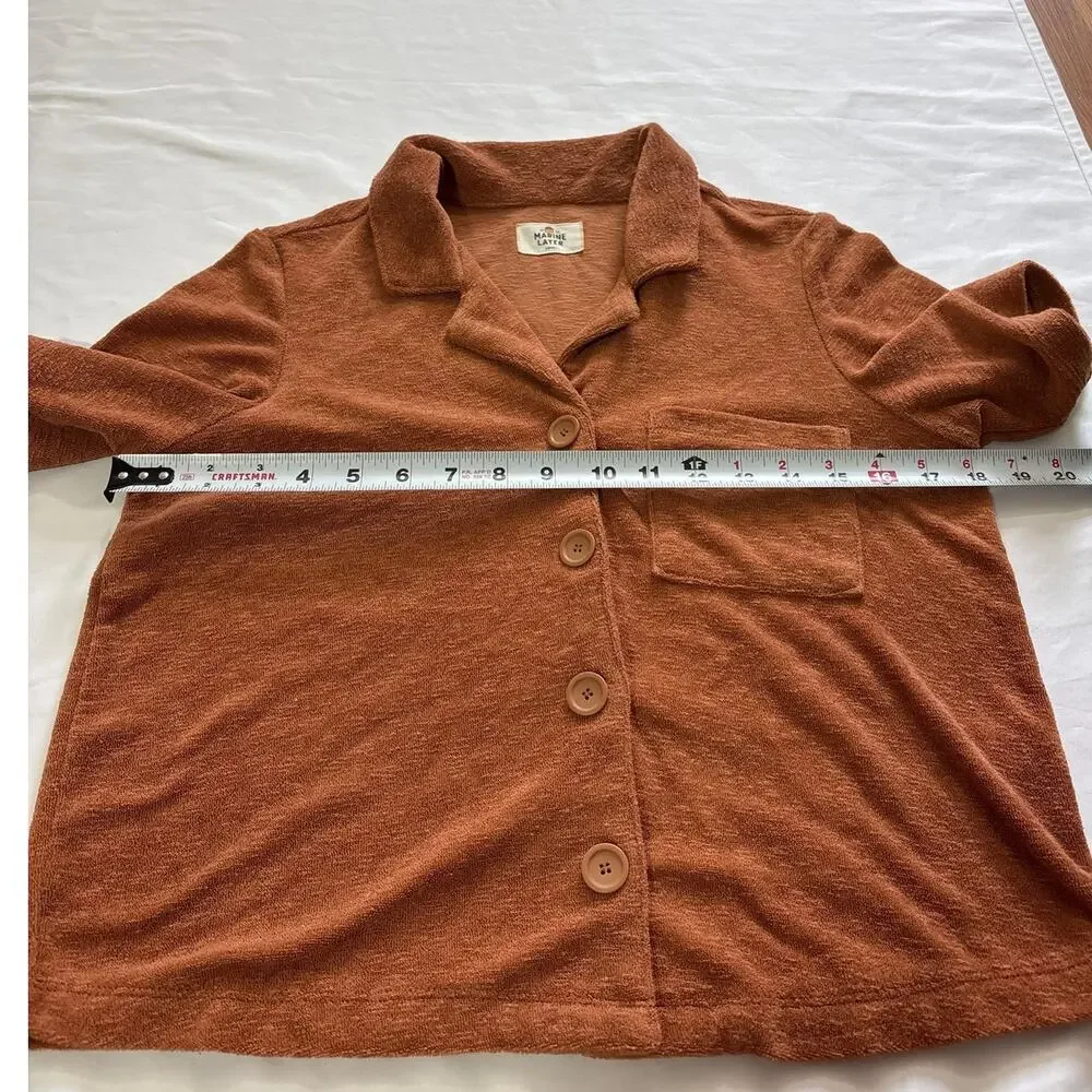 Marine Layer S/M Sierra Brown Terry Out Resort Short Sleeve Button Up Camp Shirt